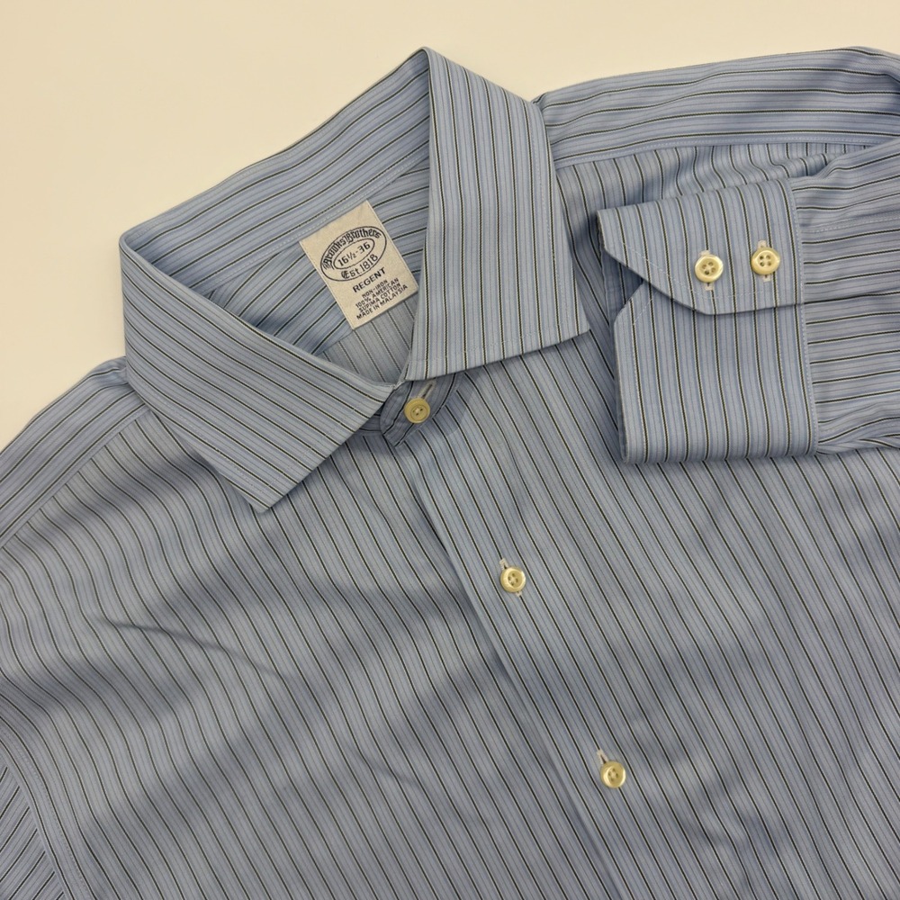 Brooks Brothers Regent Fit Dress Shirt Mens 16.5 36 Blue Striped Non-Iron Cotton